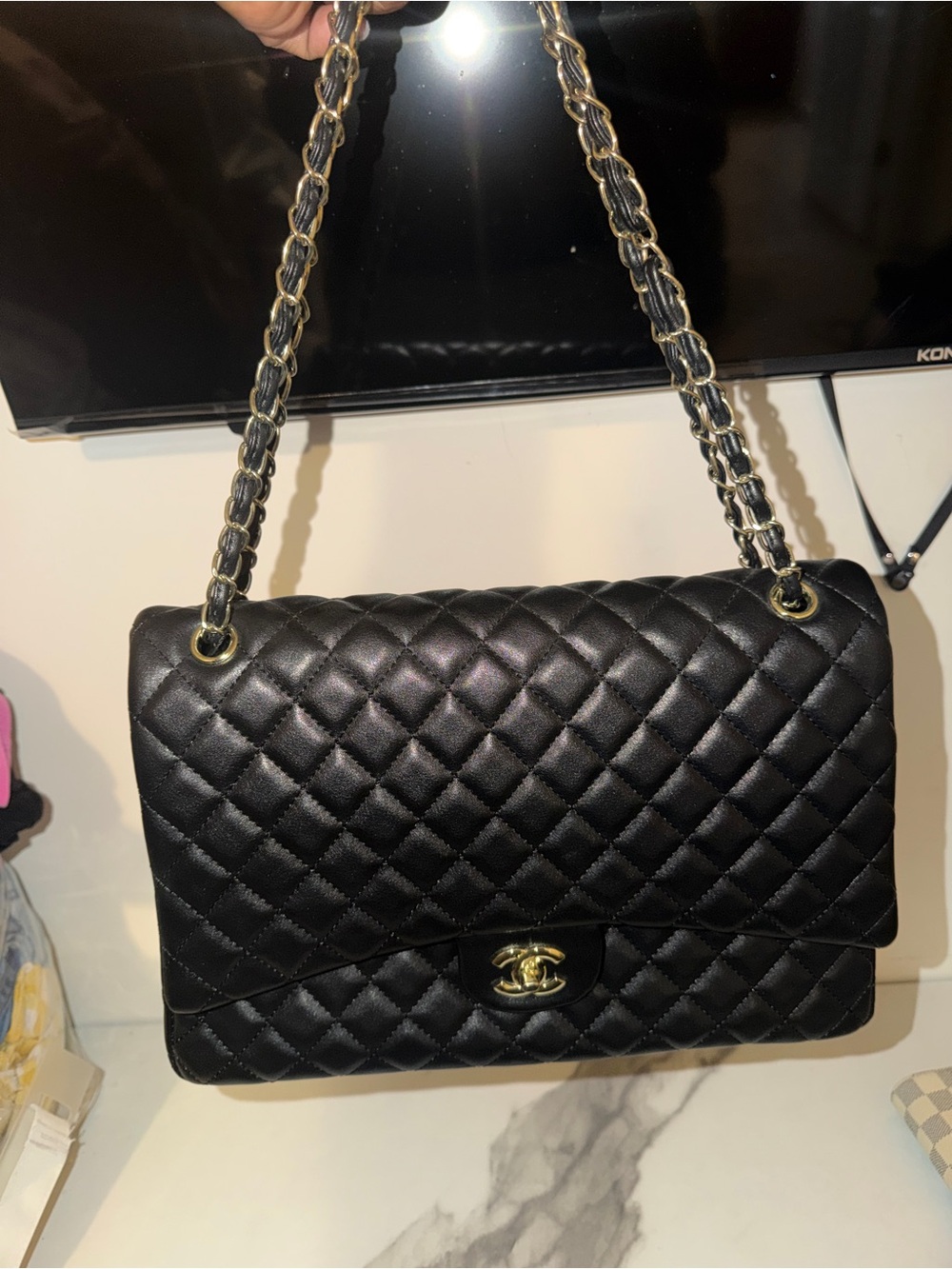 Large Black Quilted Leather Shoulder Bag with Gold Chain
